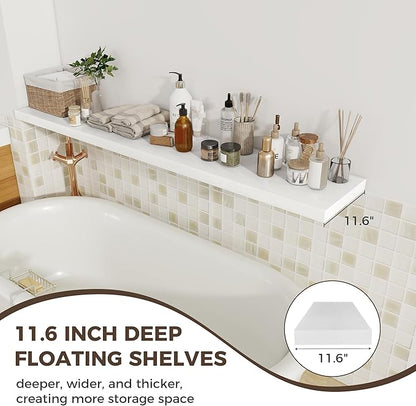 Fun Memories 12 Inch Deep Floating Shelves, 67 Inch Long Extra Large Floating Shelves Set of 2, Rustic Wood Wall Shelves for Living Room, Kitchen, Bedroom, Farmhouse, Laundry Room, Home Office - White