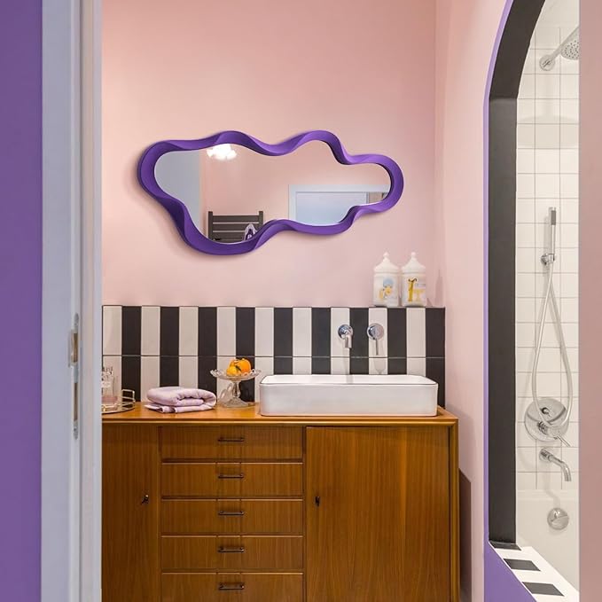 Wavy Wall Mirror for Girly Nursery Bedroom Decoration, 13.8x29.7 Noble Cloud-Shaped Decorative Funky Mirrors for Modern Classical Home Office Living Room Housewarming Birthday Gift (Purple)
