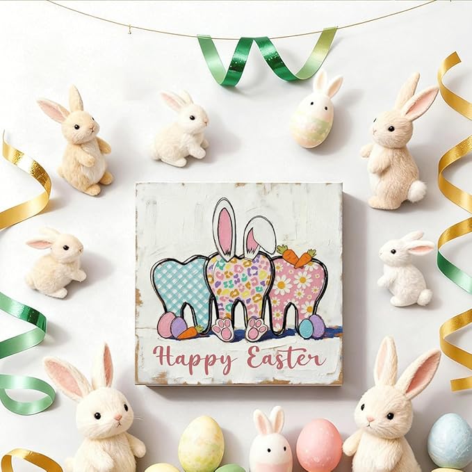 Easter Table Decorations Happy Easter Bunny Wooden Box Sign, Rustic Farmhouse Spring Centerpiece for Tables, Easter Desk Shelf Plaque Home Decor 5x5 Inch