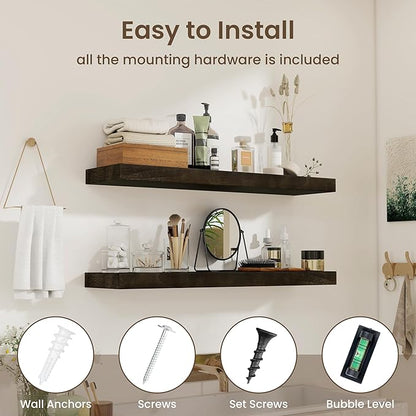 fuqing Floating Shelves for Wall - 36 Inch Dark Wood Shelves Set of 2-36 Inch Wide x 9.3 Inch Deep x 1.6 Inch Thick Wood Wall Shelves for Room Decor & Storage