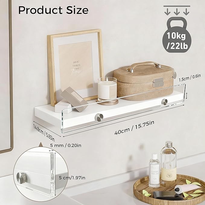 Floating Shelves with Acrylic Front Lip，15.7 IN Wall Shelves for Decor Storage Set of 3， Wall Mounted Wood Shelf for Bedroom, Living Room, Bathroom, Kitchen, Picture Shelf, White