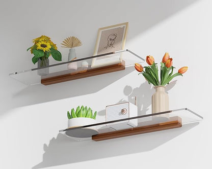 Acrylic Floating Shelves with Solid Wood Base, Wall Mounted Shelf for Plants, Perfume, Nail Polish, Bathroom, Bedroom & Living Room Décor