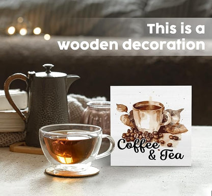 Coffee and Tea Bar Decor Wooden Sign,Tea Bar Accessories Home Office Tabletop Shelf Decor, Gifts for Coffee Lovers Women,5x5