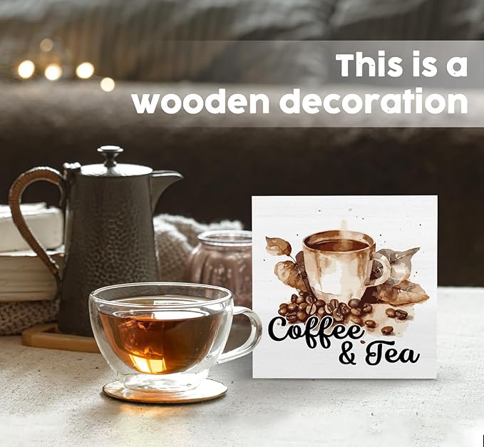 Coffee and Tea Bar Decor Wooden Sign,Tea Bar Accessories Home Office Tabletop Shelf Decor, Gifts for Coffee Lovers Women,5x5