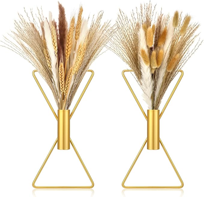 Peryiter 2 Pcs Boho Gold Wall Decor Metal Wall Art X Shaped Hanging Planters with Artificial Pampas Modern Home Gold Bathroom Decor for Bedroom Living Room