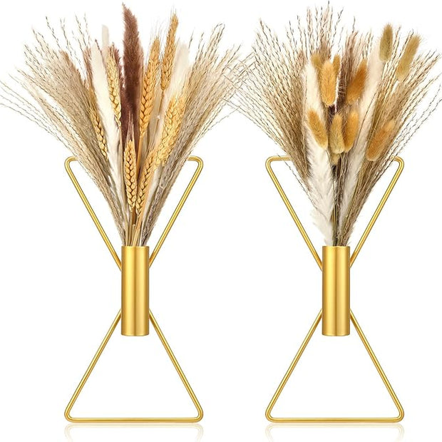 Peryiter 2 Pcs Boho Gold Wall Decor Metal Wall Art X Shaped Hanging Planters with Artificial Pampas Modern Home Gold Bathroom Decor for Bedroom Living Room