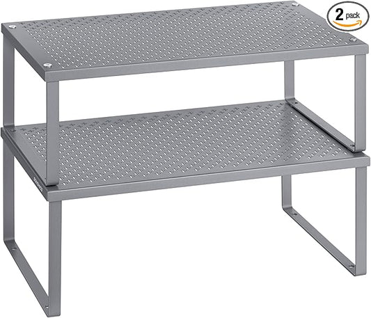 SONGMICS Spice Racks, Set of 2 Metal Cabinet Shelf Organizers, Countertop Organizers, Shelf Risers, Stackable, Expandable, Silver UKCS401G01