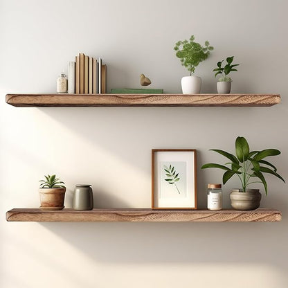 Floating Shelves 36 Inches Long, Set of 2 Solid Rustic Wood Wall Mounted Shelves, Wall Picture Ledge Shelf with Invisible Metal Brackets for Living Room, Bedroom, Bathroom, Carbonized Black