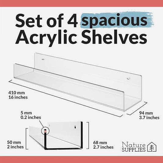 NATURE SUPPLIES Acrylic Bookshelf, Set of 4, 16" Clear Floating Shelves, Modern and Durable Nursery Wall Display for Toys, Stylish Acrylic Shelves for Home or Office Space-Saving Storage Solution
