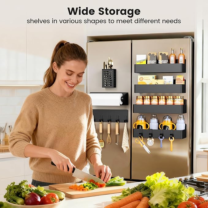 Magnetic Spice Rack for Refrigerator,7 Pack Magnetic Shelf,Fridge Magnet Organizer with Paper Towel Holder,Utensils Racks,Hook Rack,Fridge Organizers and Storage Black(7 Pack)