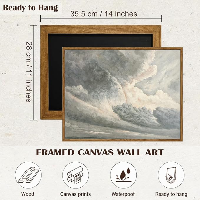 SHENIFY Landscape Framed Canvas Wall Art Vintage Classical Clouds in the Sky Prints Hallway Bathroom Office Decor - 11x14in Natural Framed