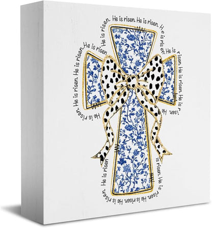 He Is Risen Sign Easter Religious Decorations Christian Easter Decor Blue And White Chinoiserie Decor Wooden Box Sign for Home Office Bedroom Living Room Desk Shelves