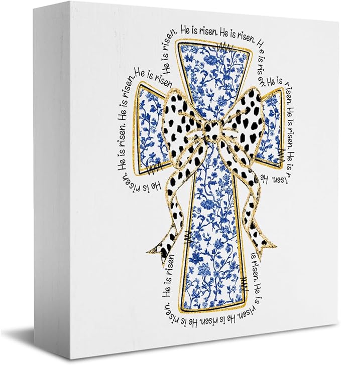 He Is Risen Sign Easter Religious Decorations Christian Easter Decor Blue And White Chinoiserie Decor Wooden Box Sign for Home Office Bedroom Living Room Desk Shelves