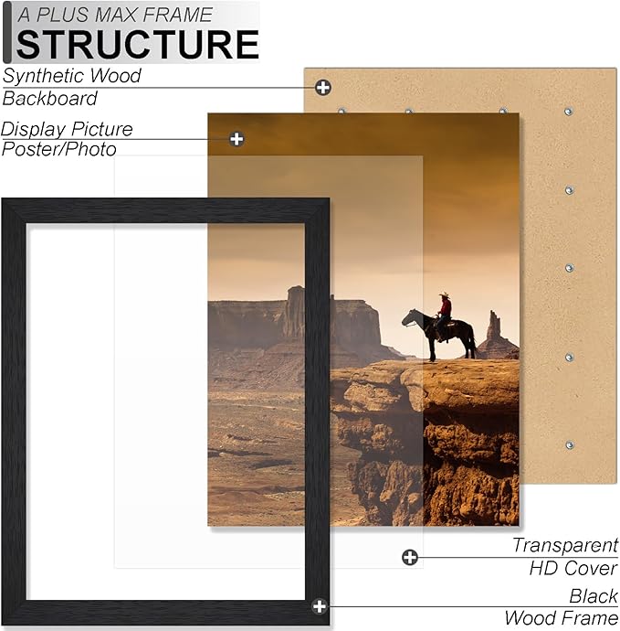 A PLUS MAX 19x27 Frame Set of 2, Black Engineered Wood Picture Frame for 19 x 27 Inch Poster Puzzle Photo, Light Weight 19 by 27 Poster Frame with Wood-grain for Wall - 2 Pack/Black/19 x27