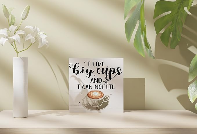 Funny Coffee Decor, Coffee Table Decor, Coffee Sign Decor, Wood Box Sign Block Coffee Table Decorations for Coffee Bar Home Office Shelf Decor 5 x 5 Inch, White