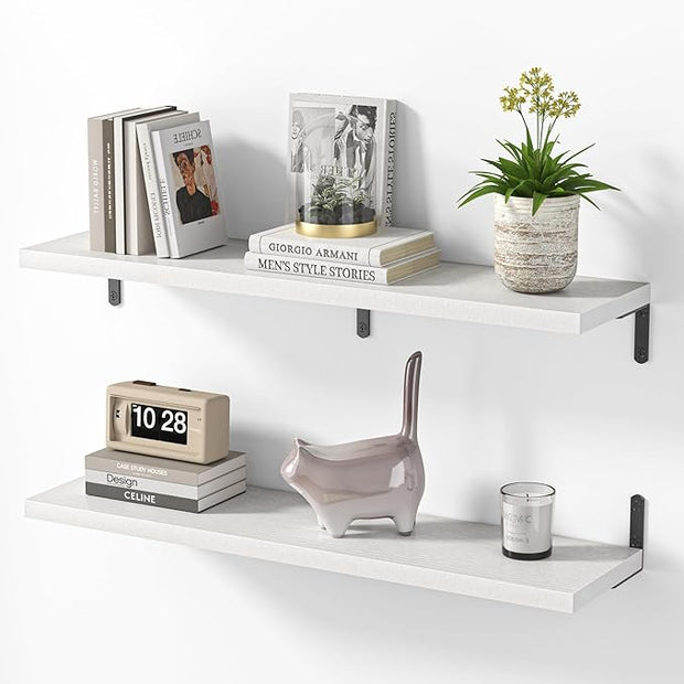 Marsmiles Extra Wide Floating Shelves for Wall, 36x8 Inch Natural Wood Grain Bookshelves, Heavy Duty Mounted Shelving for Bathroom, Kitchen, Living Room, Bedroom,Set of 2，White