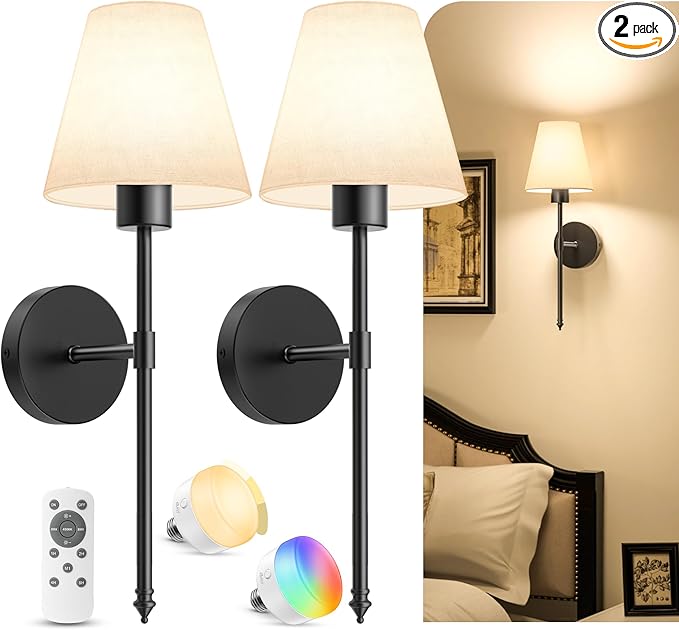 VOLISUN Battery Operated Wall Sconces Set of Two, Wireless Wall Sconces with Remote and Dimmable Bulbs, 9 Colors Battery Powered Wall Lights, Black Rechargeable Wall Lamps for Bedroom (19.7 inch)