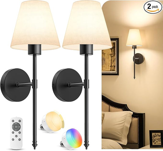 VOLISUN Battery Operated Wall Sconces Set of Two, Wireless Wall Sconces with Remote and Dimmable Bulbs, 9 Colors Battery Powered Wall Lights, Black Rechargeable Wall Lamps for Bedroom (19.7 inch)