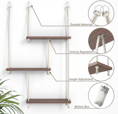 Hanging Shelves for Wall, 3 Tier Boho Hanging Plant Shelf, Floating Shelves Rope Rustic Wood Organizer Storage Hanger Rack for Aesthetic Home Bedroom Kitchen Bathroom (Champagne Flower)