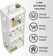 Small Bathroom Storage Corner Shelf, Waterproof PVC Narrow Floor Stand, Slim Gap Filler Organizer for Toilet Side, Laundry Room, Shower, Kitchen Spice Rack, White Restroom Holder (4-Tier)
