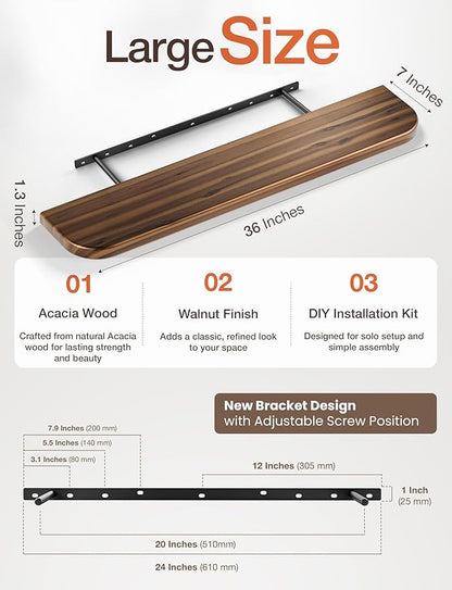 BATODA Set of 2 36” Acacia Floating Shelves for Wall (Round Edge) - Floating Bookshelf Wall - Storage Wood Shelves for House Decor, Kitchen, Bathroom - Brackets and Hardware Included (Walnut Color)
