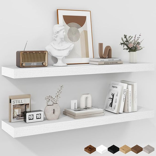 Fun Memories 36 Inch Floating Shelves - Deep Rustic White Wooden Wall Shelves - Extra Deeper & Thicker Wall Mounted Storage Shelf for Bedroom, Kitchen, Farmhouse - 2 Pack, Rustic White