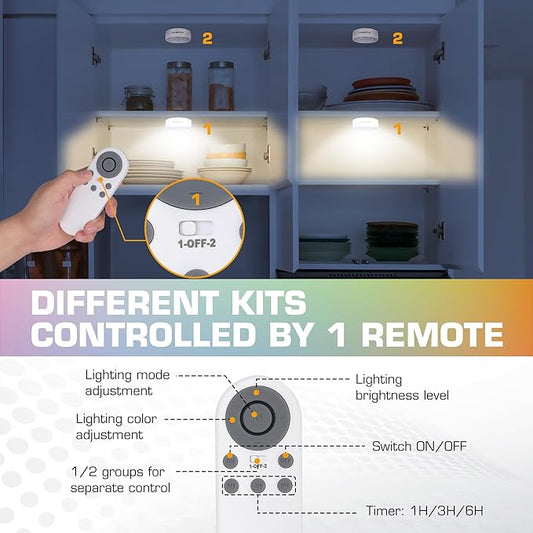 EverBrite Puck Lights With Remote, Rechargeable 2000mAh Linked Sensor Under Cabinet, Two Group Control, 10 RGB Colors, Dimmable for Kitchen, Bedroom Closet (6-Pack)