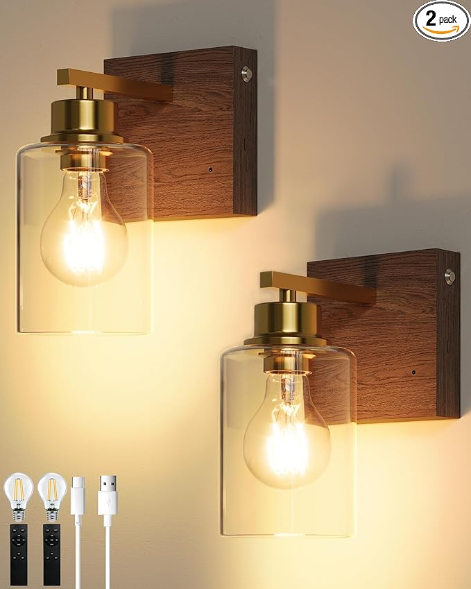 Rechargeable Wall Sconce, Gold & Walnut Battery Operated Wall Sconce Set of 2 with Timer Function, Easy Install Dimmable Wireless Wall Lamps for Living Room, Bedroom, Hallway, Entryway Decor 3000K