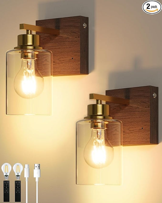 Rechargeable Wall Sconce, Gold & Walnut Battery Operated Wall Sconce Set of 2 with Timer Function, Easy Install Dimmable Wireless Wall Lamps for Living Room, Bedroom, Hallway, Entryway Decor 3000K