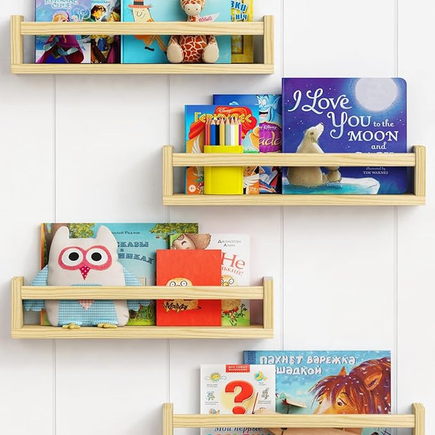 Forbena Natural Wood Nursery Book Shelves Wall Mounted, Floating Bookshelf for Kids Room, Toys and Books Storage Organizer Bookshelves for Toddler Child Bedroom Bathroom (4 Pack Natural Wood)