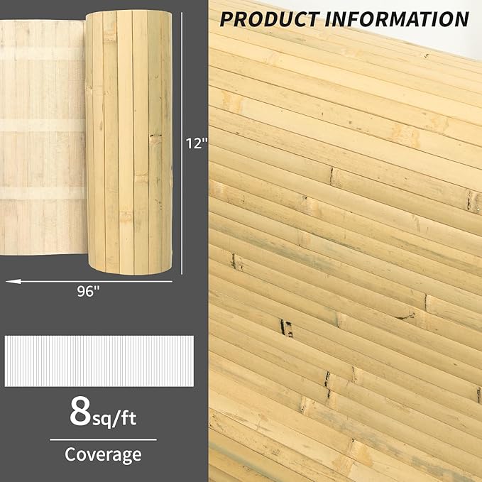 Art3d Natural Bamboo Wall Panel for Interior Wall Decor, Renewable Pole Wrap Wainscoting Paneling for Wall Ceiling Furniture Cabinet Office, 12 x 96 Inch - Natural, 1-Pack