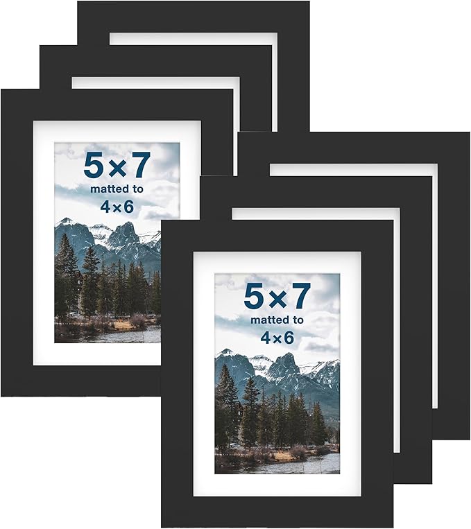 FrameWorks 5x7 mat to 4x6 Classic Wooden Picture Frames Tempered Glass/Black / 6-Pack