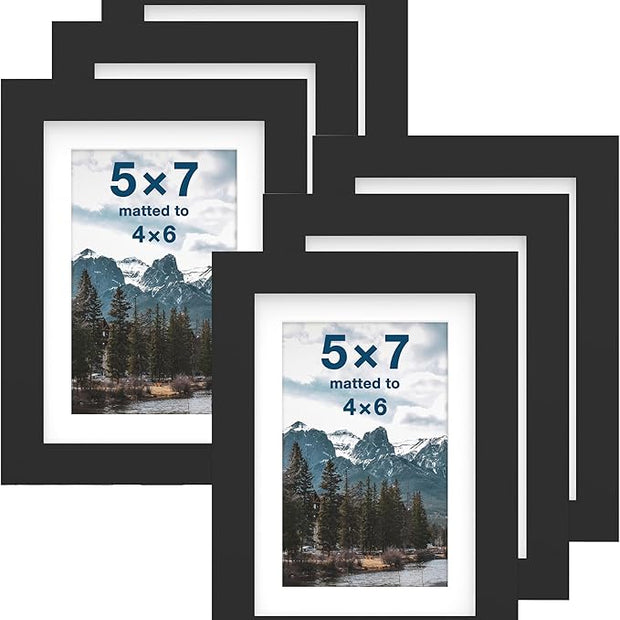 FrameWorks 5x7 mat to 4x6 Classic Wooden Picture Frames Tempered Glass/Black / 6-Pack