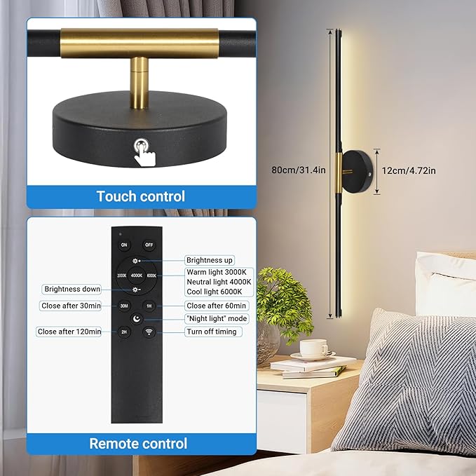 Battery Operated Wall Sconces, 360°Rotate Wireless Rechargeable Wall Sconces with Remote Control, Black Gold, Dimmable, Timing Decor Lights for Bedroom Hallway, 31.5 Inch 1 Pack