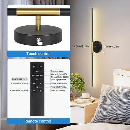 Battery Operated Wall Sconces Set of Two, 360°Rotate Wireless Rechargeable Wall Sconces with Remote Control, Black Gold, Dimmable, Timing Decor Lights for Bedroom Hallway, 31.5 Inch