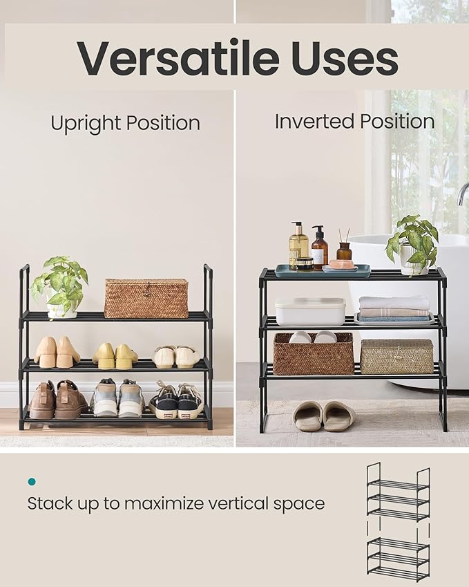SONGMICS Shoe Rack, 3-Tier Shoe Organizer, Metal Storage Shelf, Upright or Upside Down, for 8-12 Pairs, Stackable, for Entryway, 11.8 x 26.8 x 21.7 Inches, Black ULSA203B01