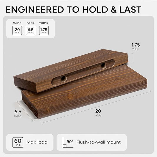 Homeforia Classic Walnut 20 inch Floating Shelf, High End Solid Real Wood Small 20inch Floating Shelves for Wall Mounted, 20in Floating Shelves, Heavy Duty Bracket, 20 X 6.5 X 1.75 inches, Set of 2