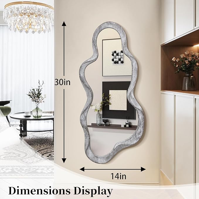 Irregular Wall Mirror Cloud Wavy Wood Frame Mirrors Asymmetrical Modern Mirror for Wall for Vanity Bathroom Living Room Bedroom Entryway Hallway Modern Unique Decorative Artistic Mirror Large