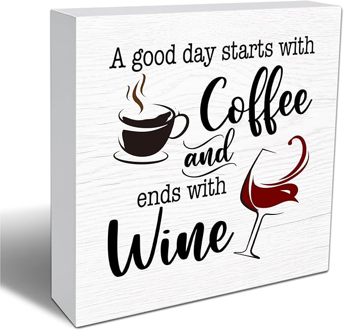 Coffee Wine Wood Box Sign, Rustic Funny Coffee Wooden Box Sign, Kitchen Home Decor, For Living Room Bedroom Bathroom Kitchen Shelf Table Decoration, Gifts For Family Friend Coworker -01