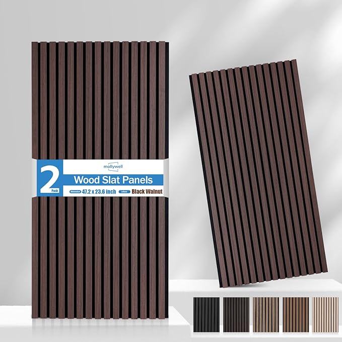 Mollywell Wood Panels for Wall, Time-Saving Installation, Versatile Wood Slat Wall Decor, Enhanced Acoustic & Sound Proof Fluted Design for Home & Office, 2 Pcs Dark Walnut, 47.2x23.6 Inch