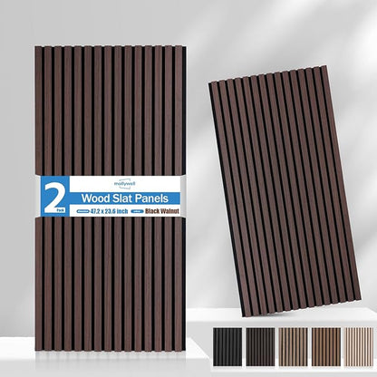 Mollywell Wood Panels for Wall, Time-Saving Installation, Versatile Wood Slat Wall Decor, Enhanced Acoustic & Sound Proof Fluted Design for Home & Office, 2 Pcs Dark Walnut, 47.2x23.6 Inch