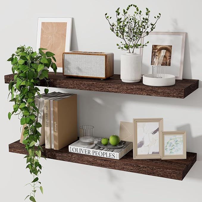 Marsmiles Wood Floating Shelves for Wall Set of 2, 24 Inch Wide Rustic Wooden Floating Shelves, Invisible Wall Mounted Display for Living Room Bedroom Kitchen Bathroom Office, Weathered