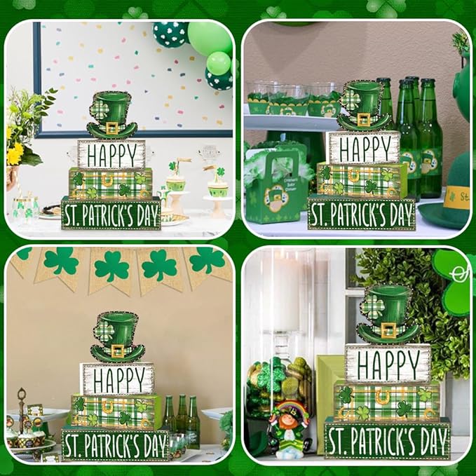 DIYDEC 4Pcs St.Patrick's Day Table Decoration Shamrocks Hat Wooden Block Signs Rustic St. Patrick Tiered Tray Decor Happy St.Patrick's Day Centerpiece Sign for Farmhouse Holiday Tabletop Party Decor