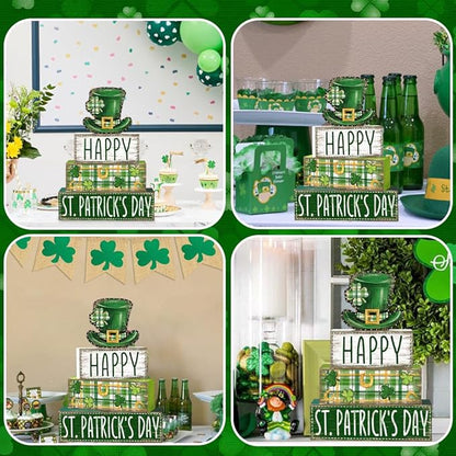 DIYDEC 4Pcs St.Patrick's Day Table Decoration Shamrocks Hat Wooden Block Signs Rustic St. Patrick Tiered Tray Decor Happy St.Patrick's Day Centerpiece Sign for Farmhouse Holiday Tabletop Party Decor