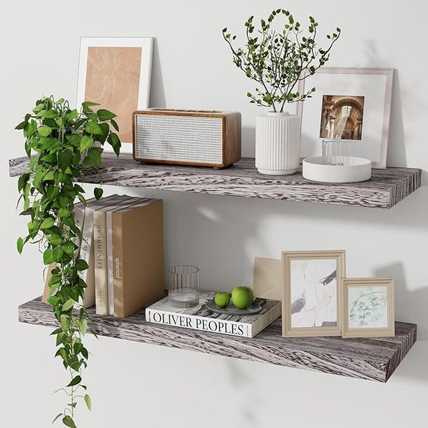Marsmiles Wood Floating Shelves for Wall Set of 2, 24 Inch Wide Rustic Wooden Floating Shelves, Invisible Wall Mounted Display for Living Room Bedroom Kitchen Bathroom Office, Rustic Brown