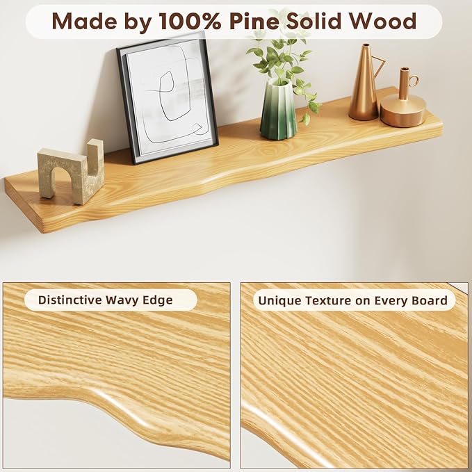 Floating Shelves for Wall Rustic Farmhouse 36 Inch Floating Shelf Bathroom Wooden Shelves for Wall Mounted Live Edge Pine Shelf with Unique Natural Grain for Living Room Bedroom Kitchen (Natural)