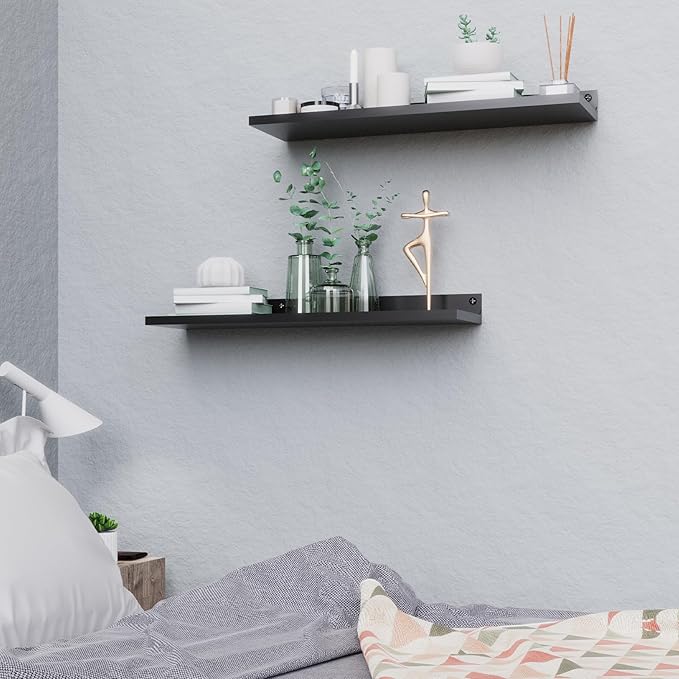 PEKGRIL 4 Pack Metal Floating Shelves, 17x6 Inch Large Wall Mounted Shelf for Storage, Black Kids Bookshelf, Display Ledge Shelves with Lip for Bathroom, Bedroom, Living Room, Bathroom, Kitchen