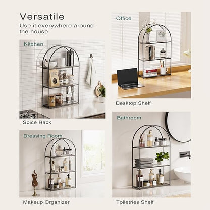 Crofy Black Arched Frame Wall Shelf, Decorative 3 Tier Bathroom Wall Shelf with Transparent Tempered Glass Shelves and Robust Storage Capacity, 5.1" D x 18.1" W x 28.9" H