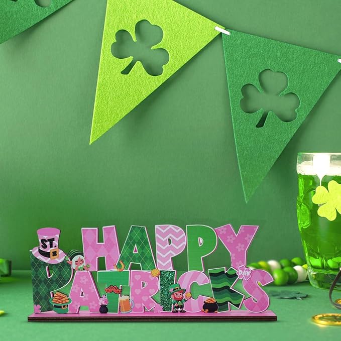 St Patricks Day Decor for Table Happy St Patrick's Day Decoration Wooden Centerpieces Rustic Farmhouse Sign for Tabletop Home Shelf Office St Patricks Day Party Decoration Pink