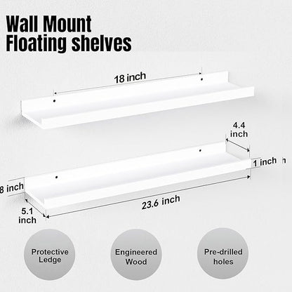 23.6 Inches Long Floating Shelves, 2 Set Modern White Wall Shelf for Bedroom, Nursery Book Shelf with Lip, Picture Ledge Shelf for Living Room, Bathroom, Kitchen